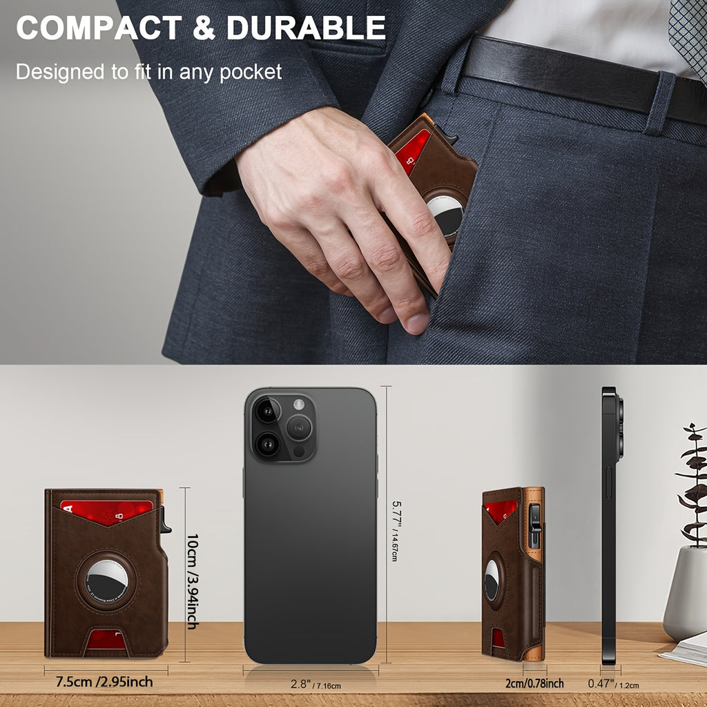 Men’s RFID Blocking Smart Bifold Wallet – Coffee Brown Microfiber Leather, Aluminum Card Holder, Elastic Cash Slot & Magnetic Closure