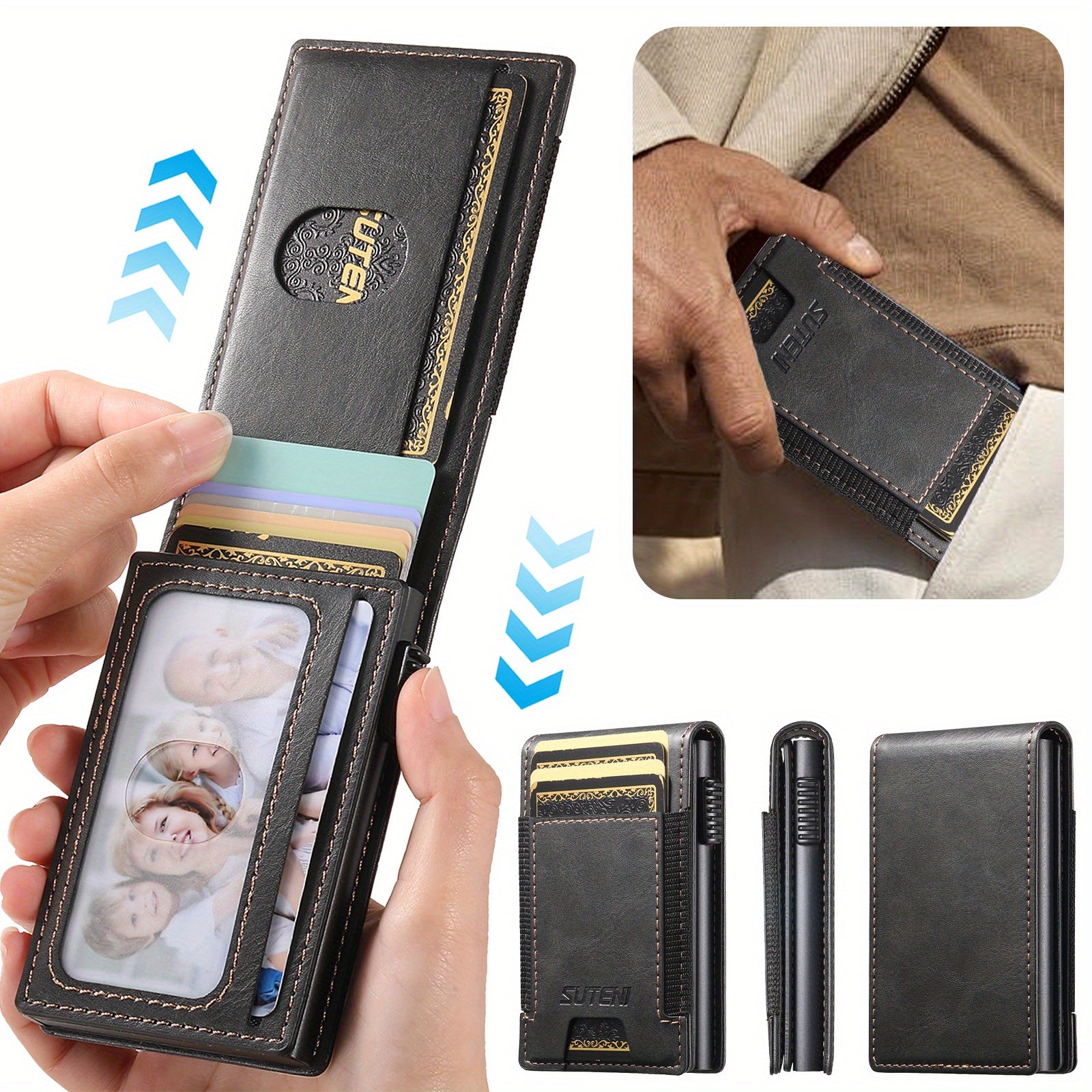 Large Capacity PU Synthetic Faux Leather Wallet with Push-Out Card Holder - Vintage Style, Black & Brown, Can Hold 1-12 Cards & 1 Photo, Perfect for Men & Women, Everyday Wallet | Vintage Style Wallet | Durable Wallet, Large