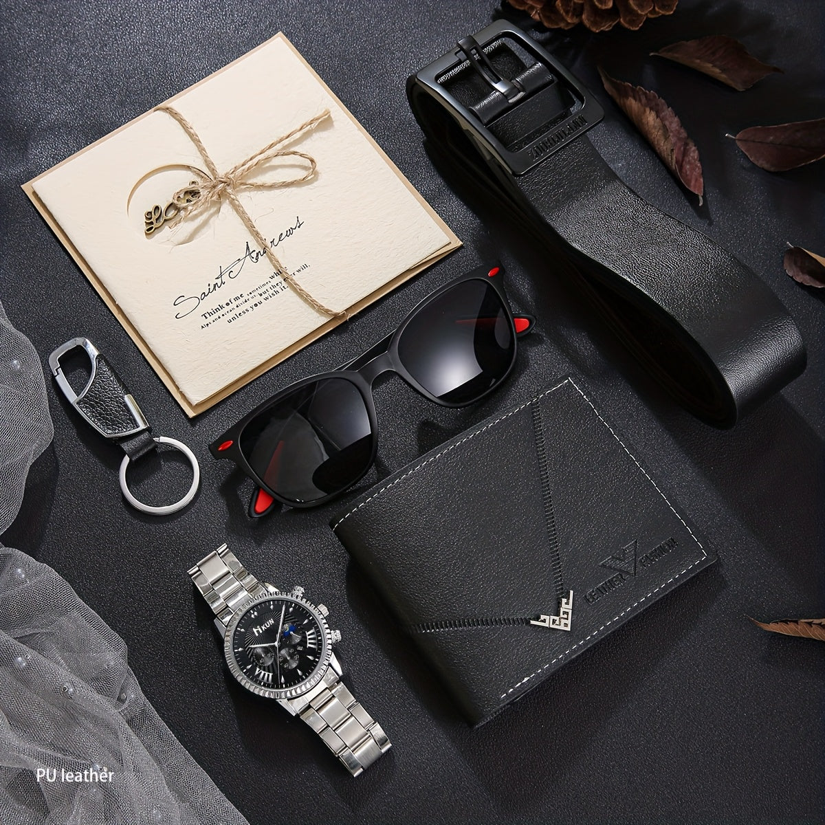 7-Piece Men’s Luxury Gift Set – Watch, Wallet, Belt, Sunglasses, Keychain, LED Light & Greeting Card with Gift Box – Perfect Birthday & Anniversary Present