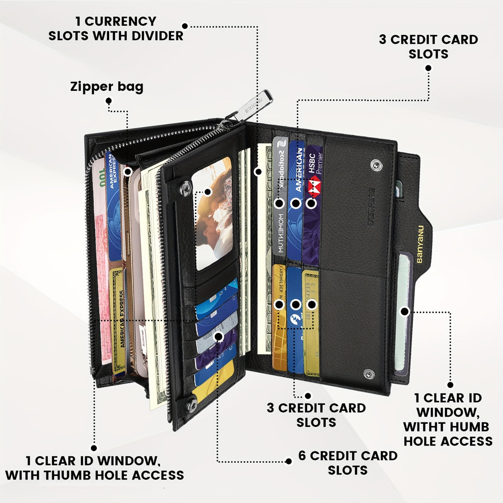 BANYANU Men’s RFID Blocking Long Leather Wallet – Top Grain Clutch with 25 Card Slots, Phone Pocket, Wristlet & Snap Closure