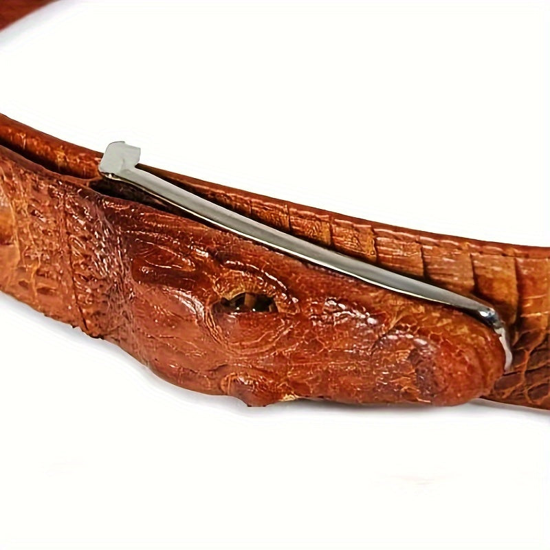 Men’s Crocodile Pattern Embossed Leather Belt – Black Two-Layer Cowhide Belt with Animal Buckle, Casual Fashion Waist Belt for Jeans & Dress Pants