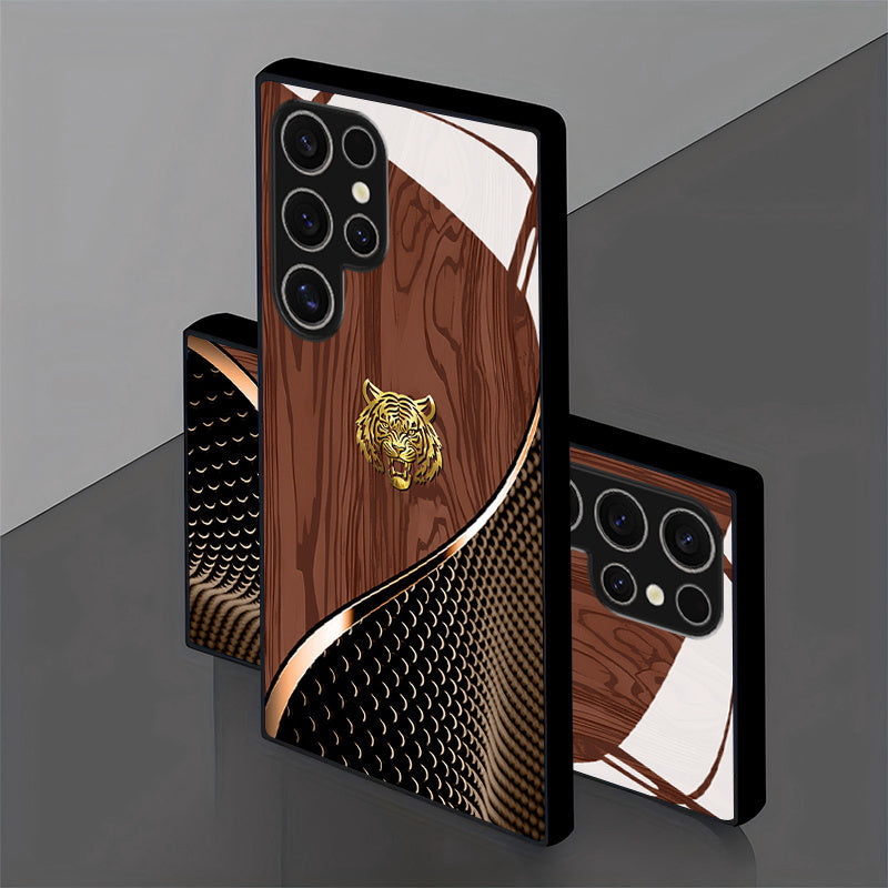 Golden Tiger Wood Grain Tempered Glass Case for Samsung Galaxy S25/S24/S23/S22/S20 & A Series – Luxury Metal Bling Designer Phone Cover/case.
