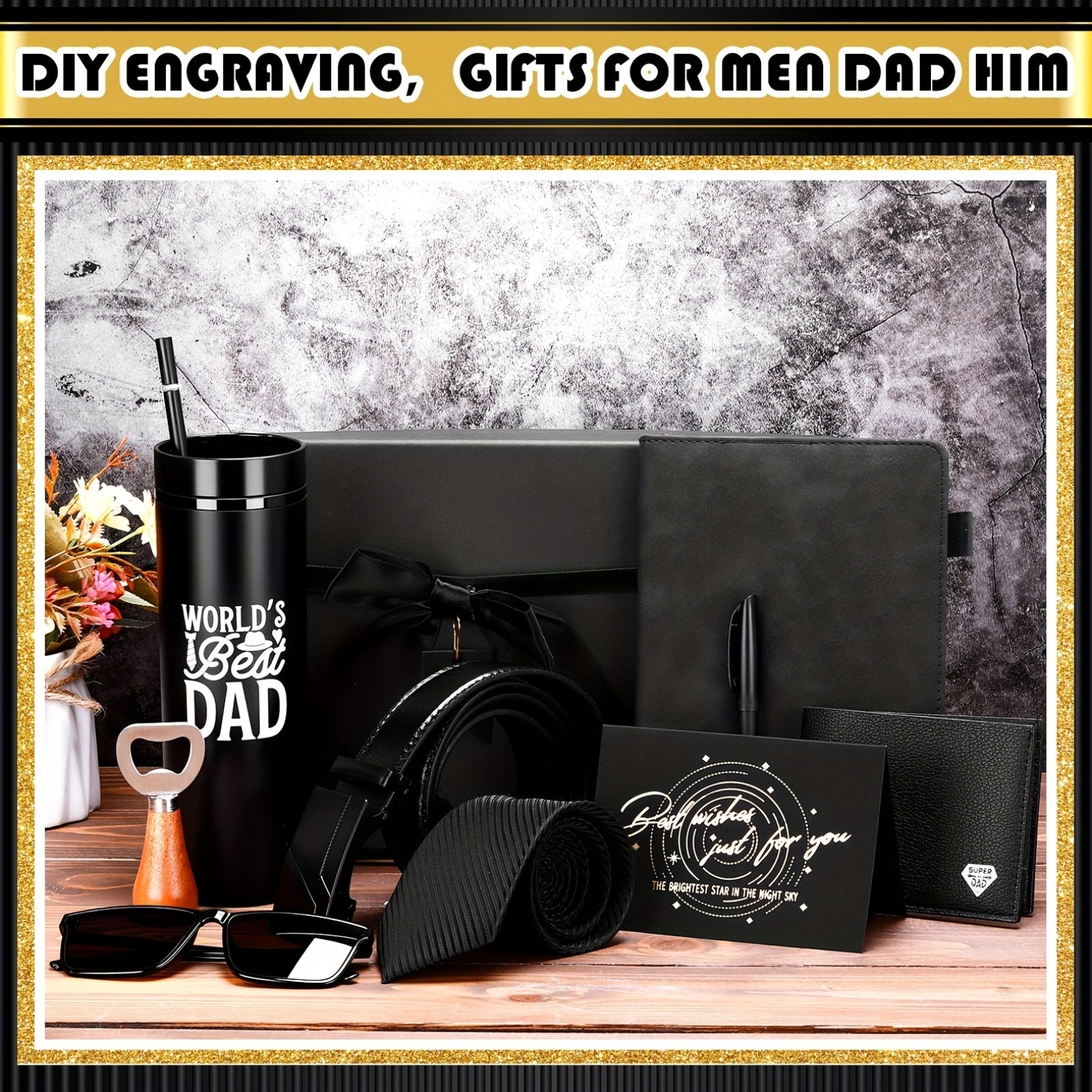 12-Piece Men’s Luxury Gift Set – Tumbler, Wallet, Tie, Belt, Keychain, Glasses, Pen, Journal & More in Premium Gift Box & Bag for Dad, Husband & Him – Birthday, Father’s Day, Christmas & Halloween