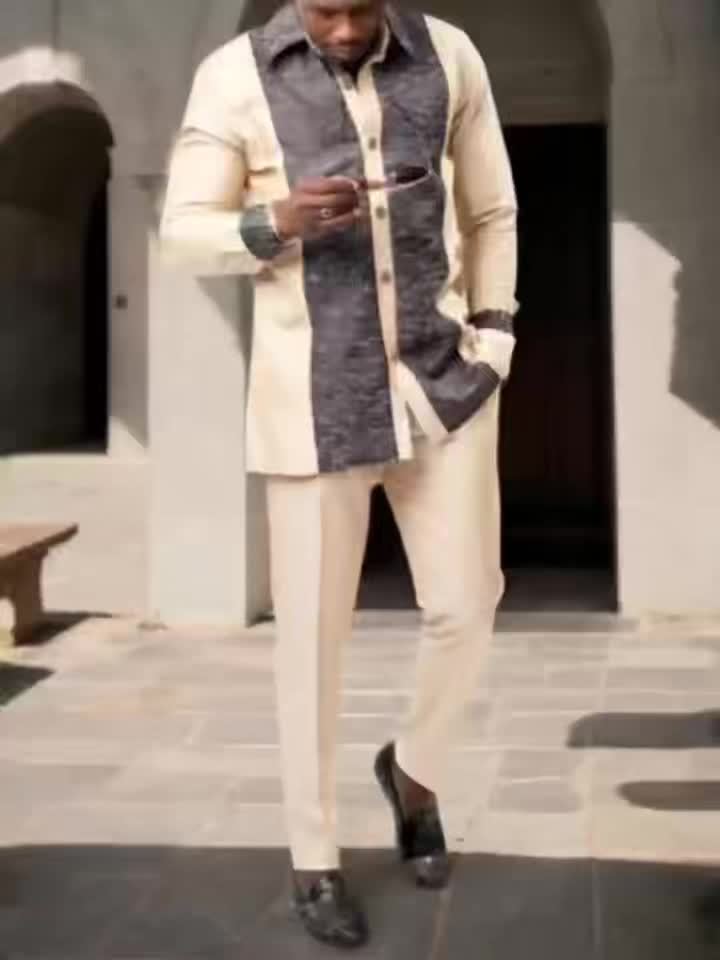 2025 Luxury Traditional Men’s Two-Piece Suit Set – Ethnic Style Long-Sleeve Shirt & Pants with Belt, Patchwork Party Outfit for Travel, Banquet & Casual Wear