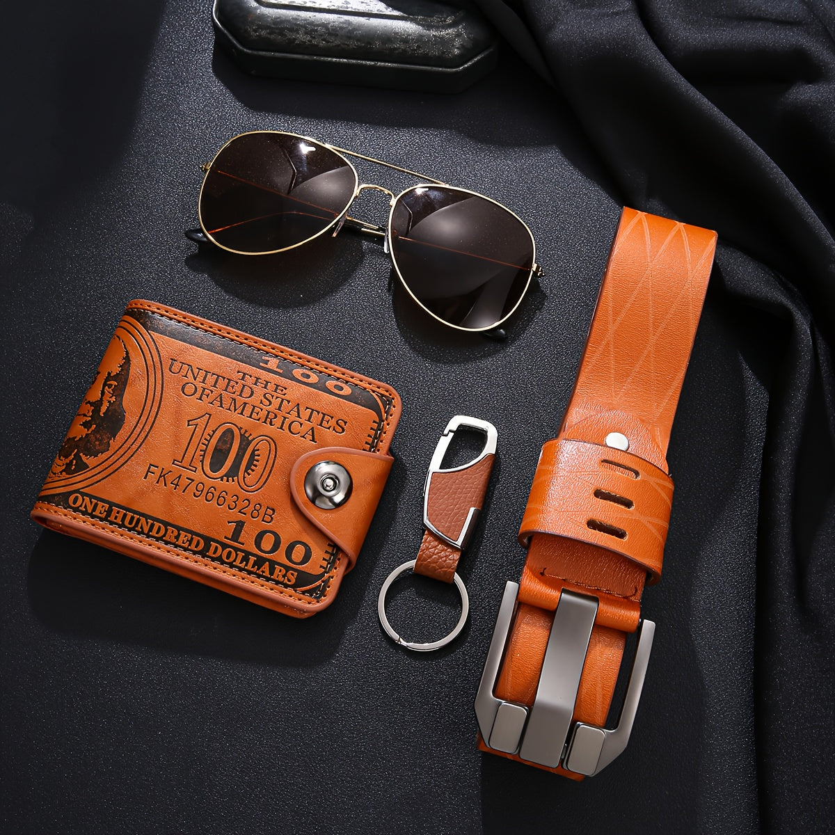 4pcs Men’s Luxury PU Wallet & Belt Gift Set with Keychain & Eyeglass Case – Heavy-Duty Interlocking Wallet & Multi-Functional Belt in Elegant Black Gift Box for Husband or Boyfriend