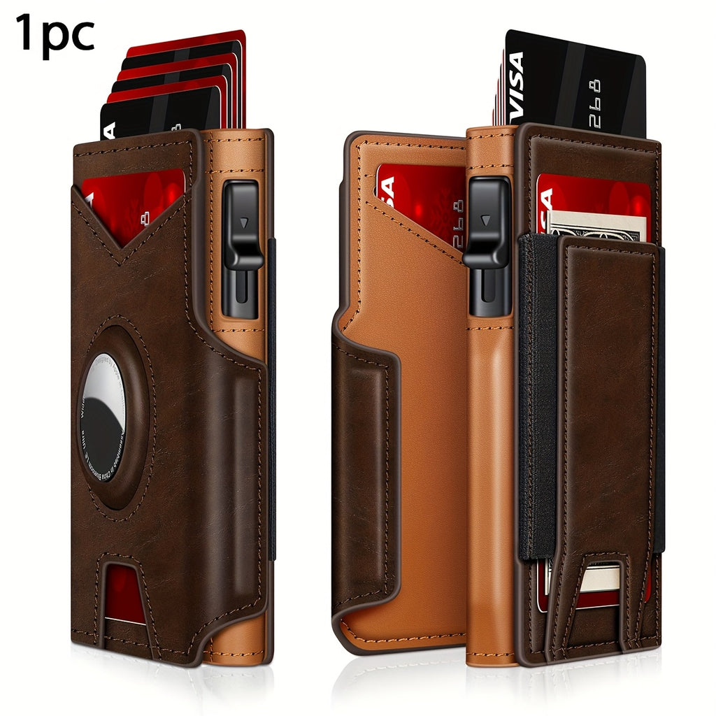 Men’s RFID Blocking Smart Bifold Wallet – Coffee Brown Microfiber Leather, Aluminum Card Holder, Elastic Cash Slot & Magnetic Closure