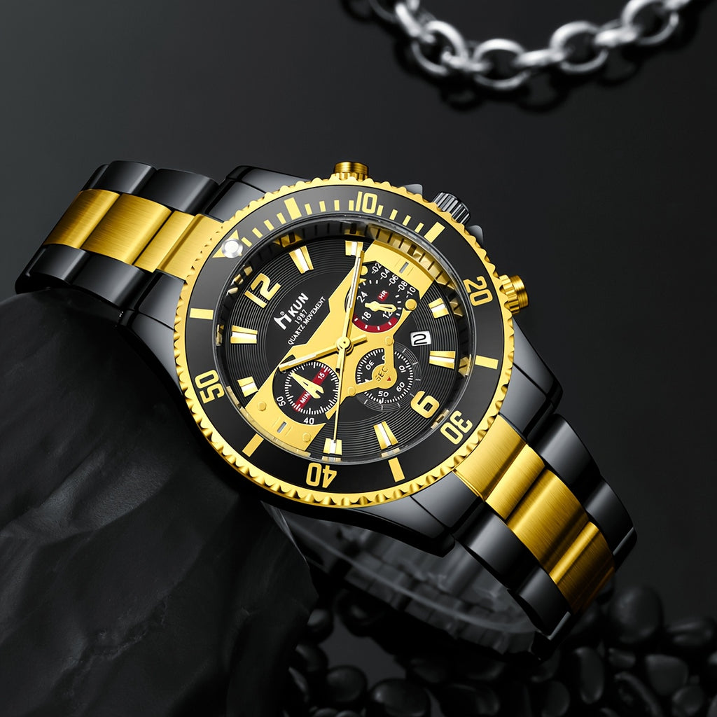 Men’s 5pcs Luxury Black Gift Set – Two-Tone Chronograph Watch, Wallet, Woven Nylon Automatic Belt, Pilot Glasses & Keychain in Elegant Box – Fashion Accessory Kit for Birthday, Halloween, Thanksgiving & Christmas