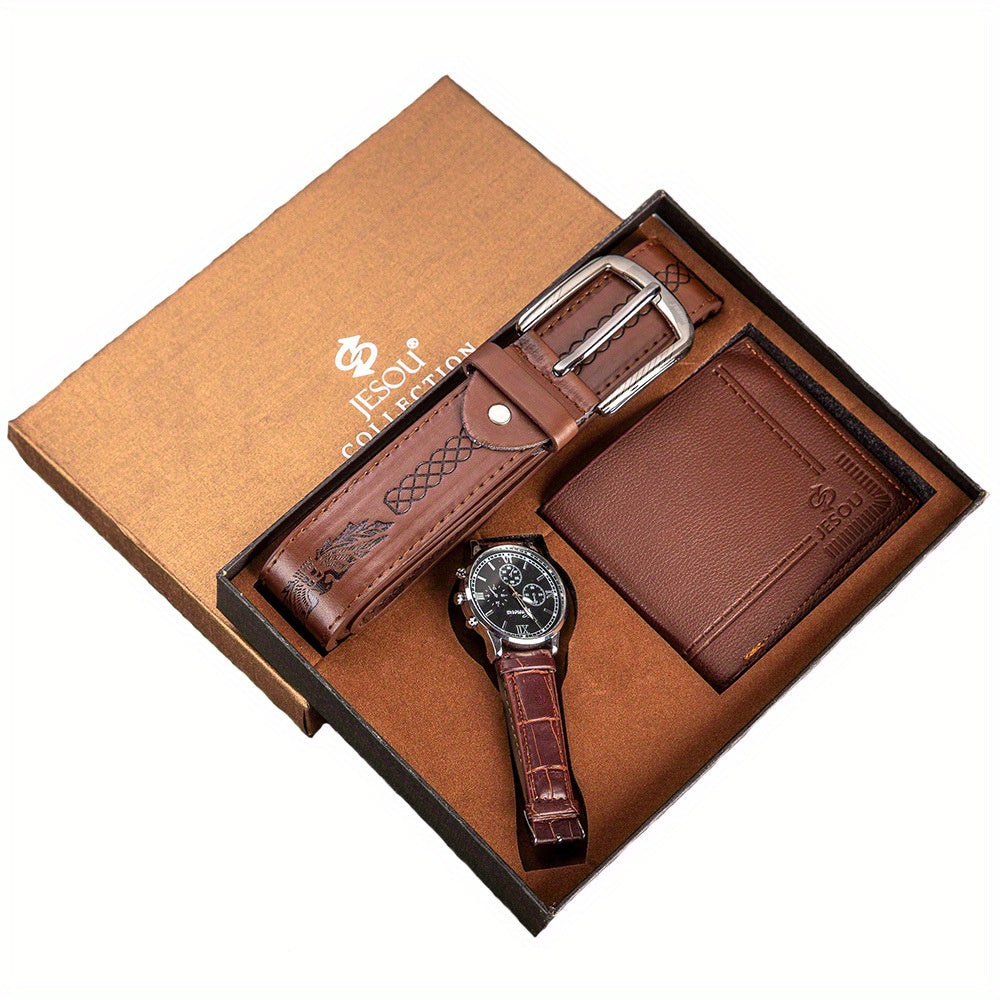 Men'S Gift Set Father'S Day Gift Beautifully Wrapped Watch + Wallet Belt Set Creative Combo Set