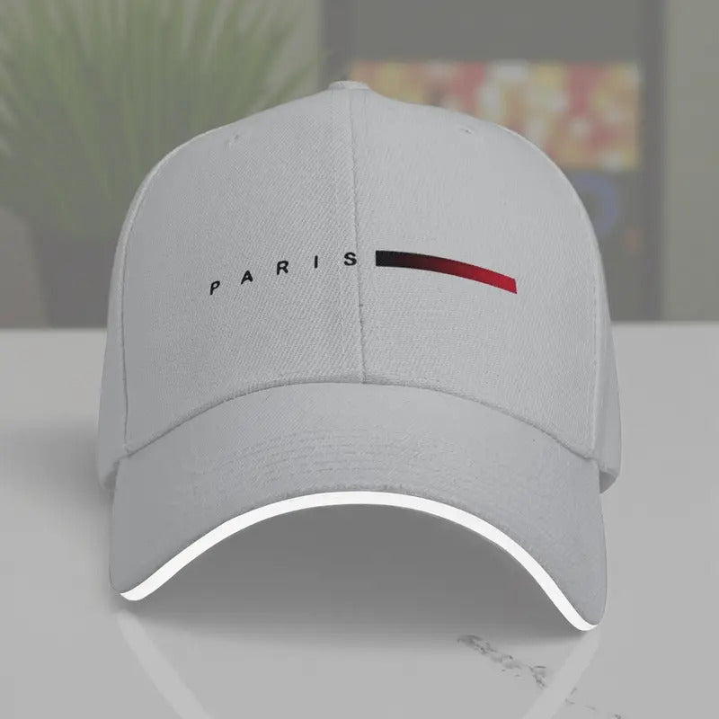 Unisex Paris Print Adjustable Baseball Cap – Blue & Red Striped PVC-Coated Sun-Proof Streetwear Hat for Men & Women