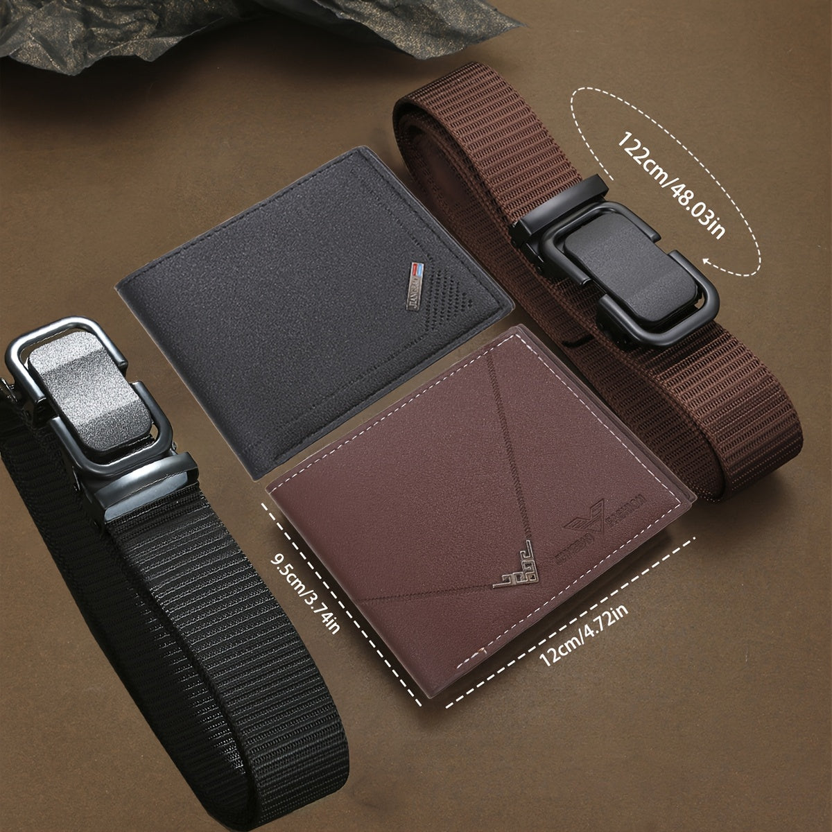 4pcs Men’s Black & Brown Faux Leather Wallet and Belt Gift Set – Color-Block Geometric Design – PU Leather Accessory Set for Christmas, Valentine’s Day & Anniversary