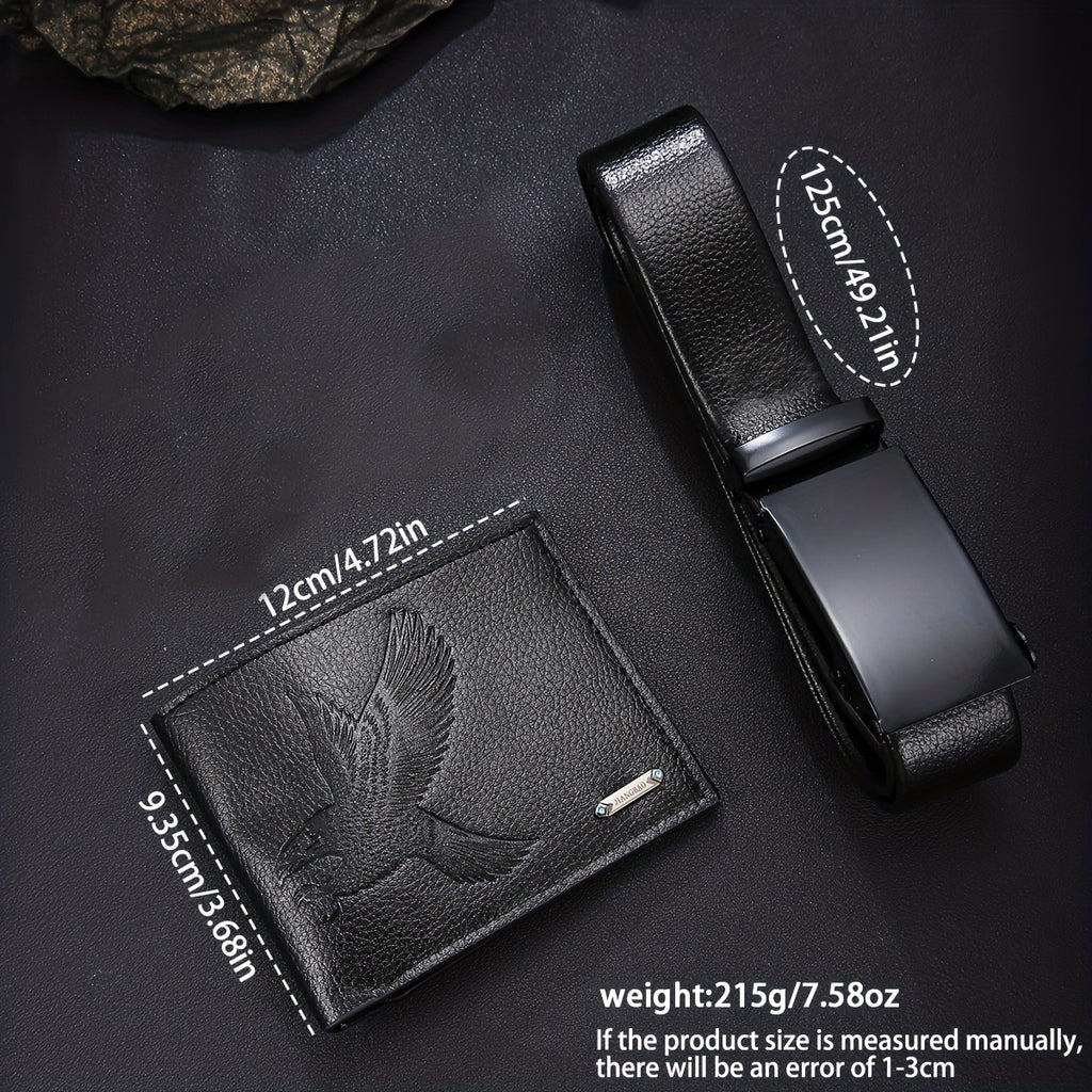 2-Piece Men’s Luxury Black Wallet & Belt Set – Slim PU Leather Dress Combo with Gold-Tone Logo – Valentine’s & Birthday Gift for Him