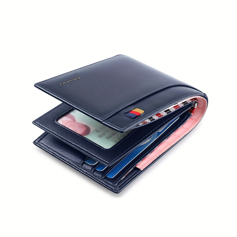 WilliamPAUL Men’s Slim Wallet – Blue Top-Grain Leather with Black & Golden Contrast Stitching, Card Holder, Coin Pocket & Document Organizer