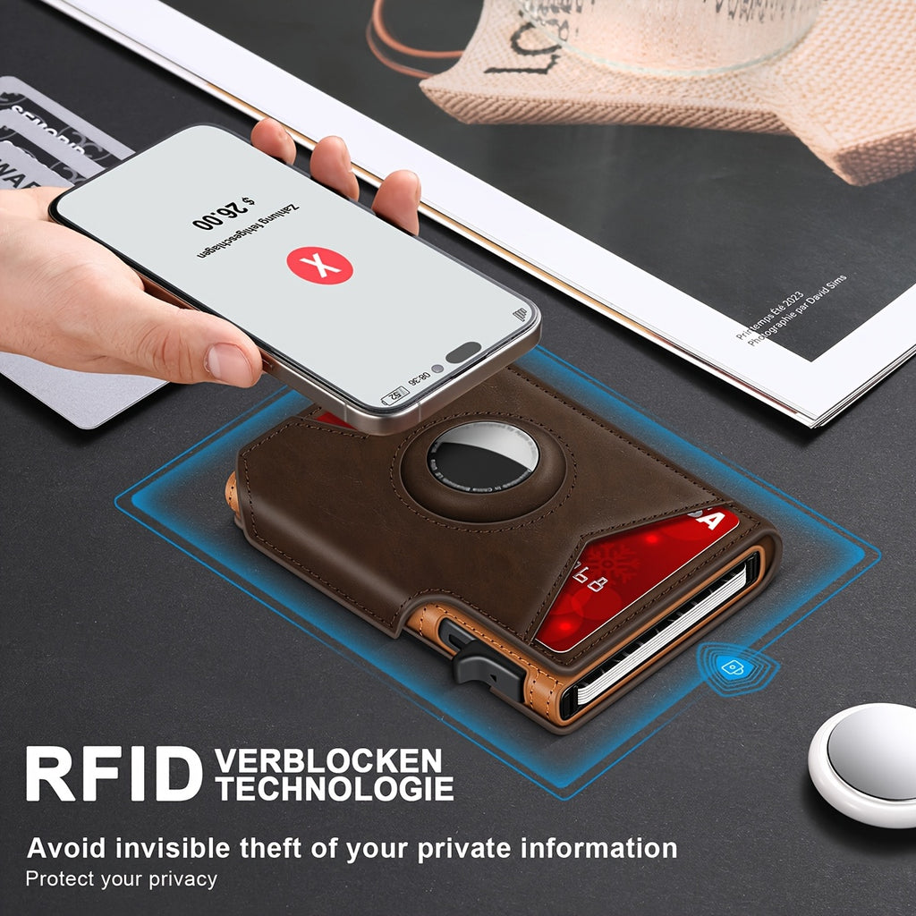 Men’s RFID Blocking Smart Bifold Wallet – Coffee Brown Microfiber Leather, Aluminum Card Holder, Elastic Cash Slot & Magnetic Closure