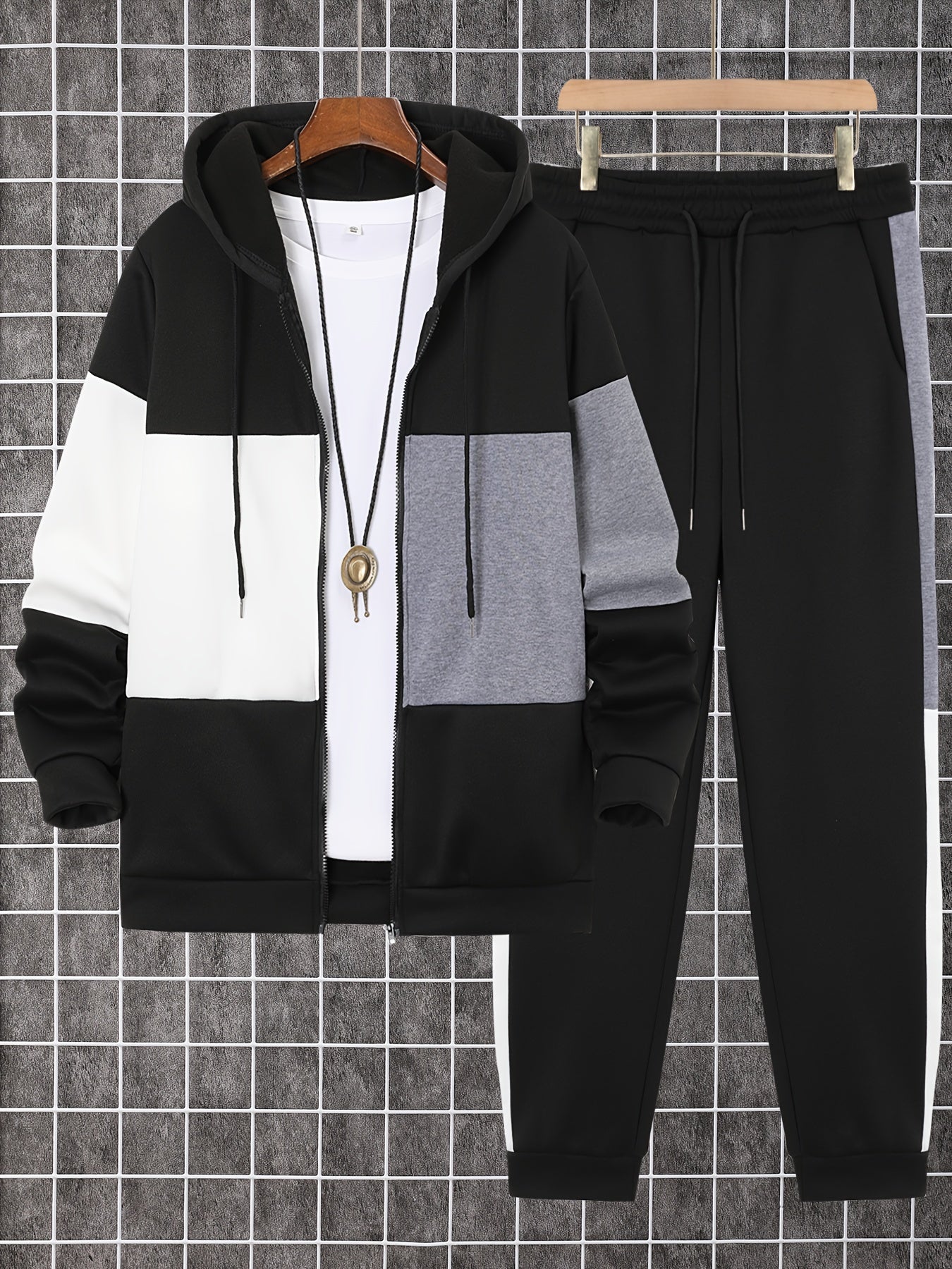 Men's clothing, two-piece set of contrasting color long-sleeved zippered hooded jacket and drawstring pants, suitable for outdoor activities