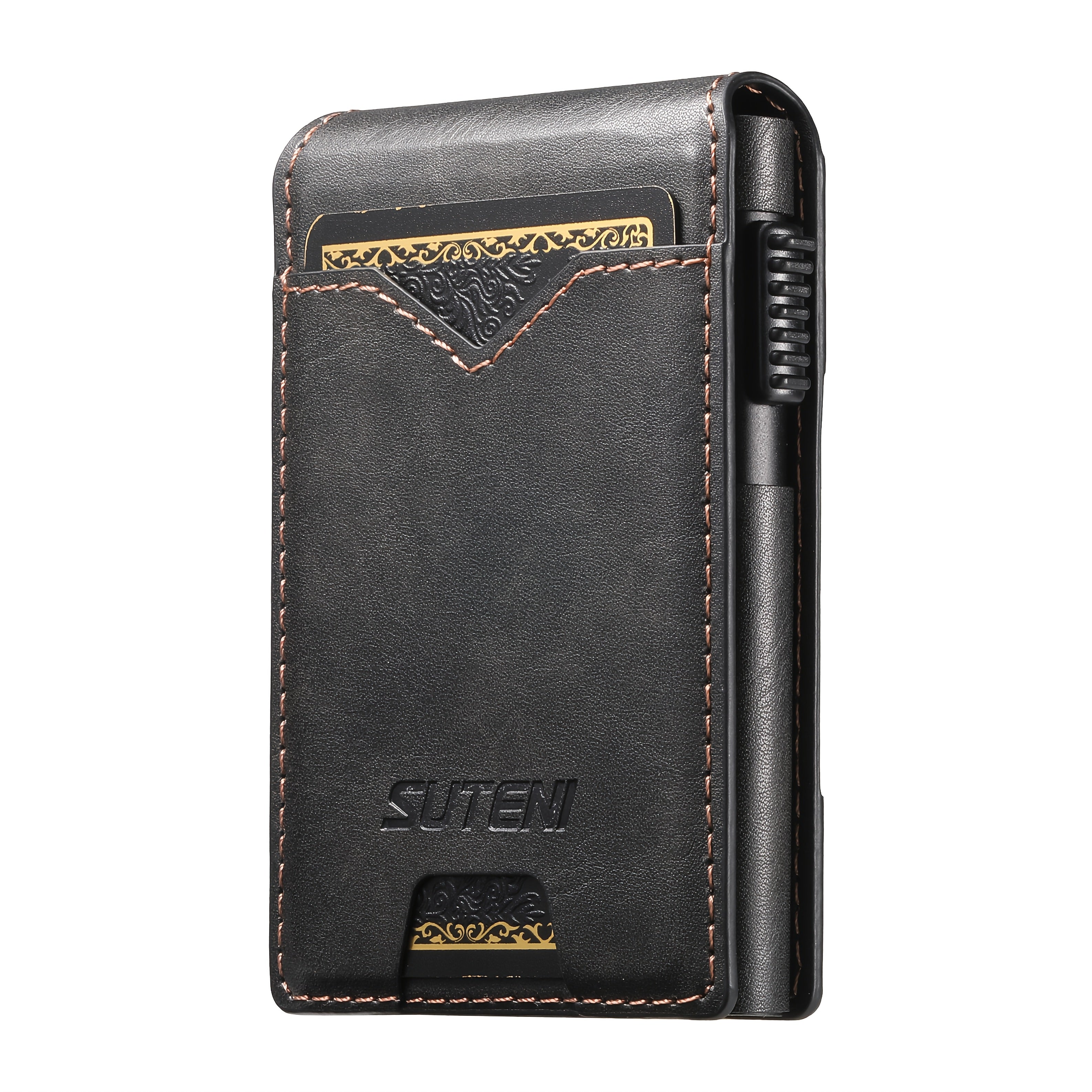 SUTENI Men’s Automatic Card Ejector Wallet – Light Brown Oil-Wax Faux Leather Business Wallet with Flip Cover, Photo Slot & Multiple Card Slots