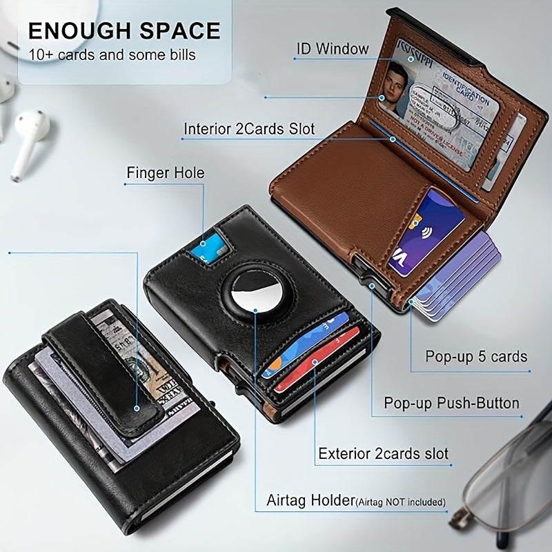 Men’s RFID Blocking Anti-Theft Smart Wallet – Black Pop-Up Street Wallet with Magnetic Closure, AirTag/Tracker Compatible, Slide Pocket & Pickpocket-Proof Design