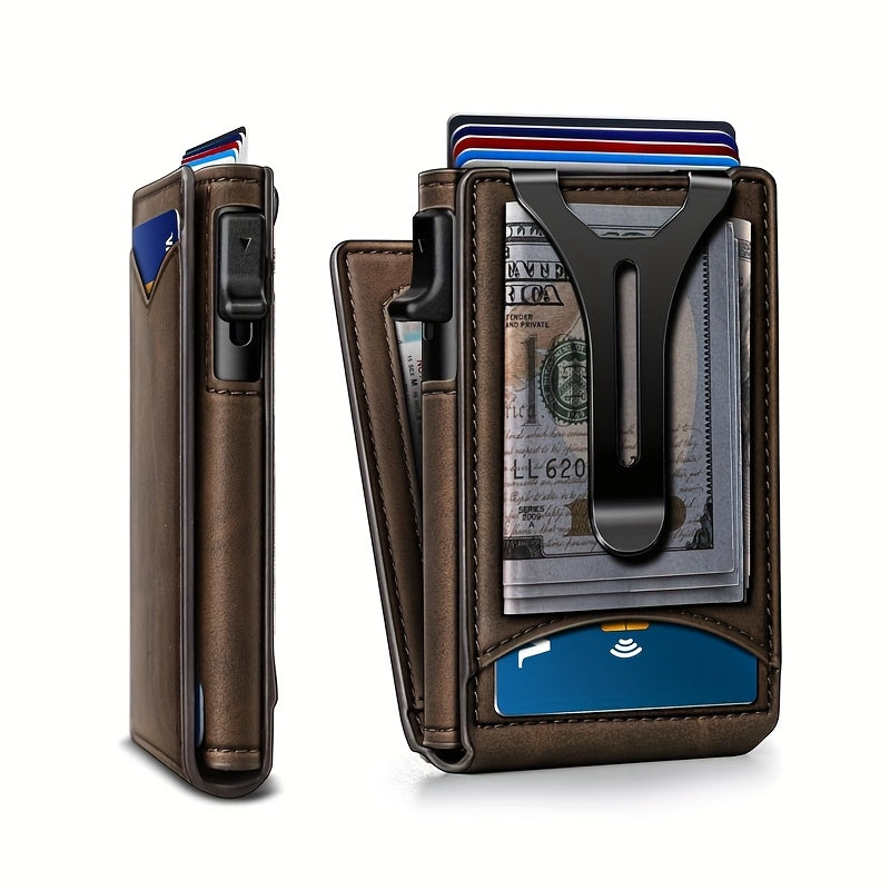 Men’s Burgundy RFID Blocking Metal Wallet – Ultra-Thin Pop-Up Aluminum-Style Cardholder with Cash Pocket & ID Slot for Everyday Carry, Business & Travel