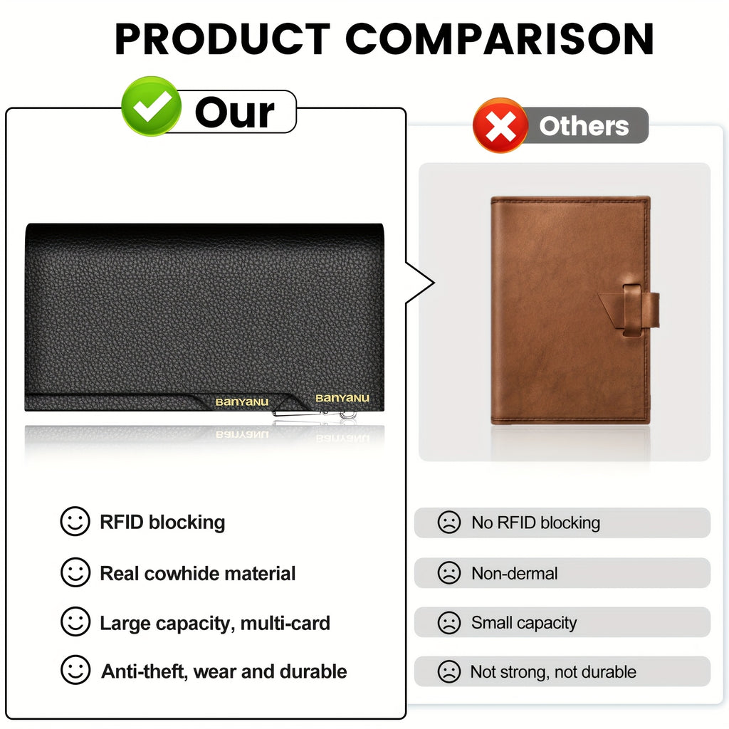 BANYANU Men’s RFID Blocking Long Leather Wallet – Top Grain Clutch with 25 Card Slots, Phone Pocket, Wristlet & Snap Closure