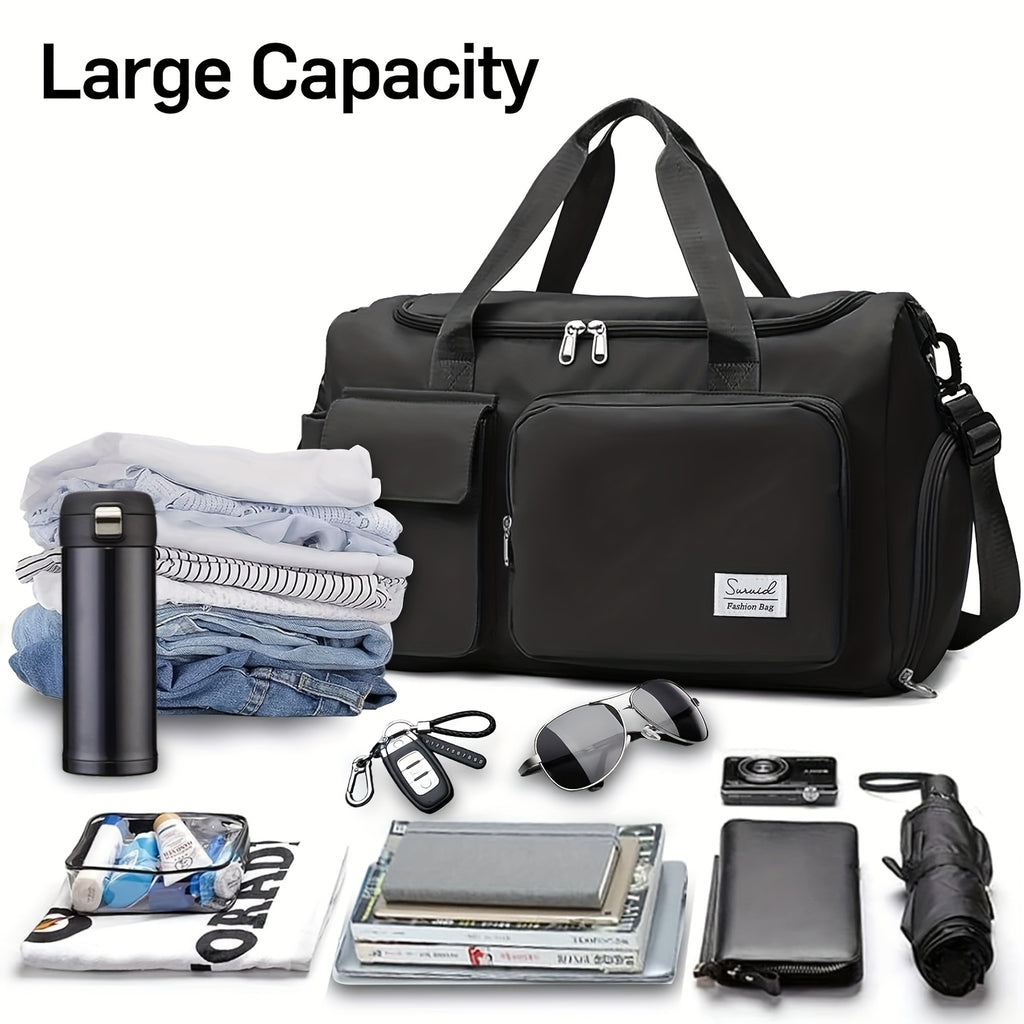 Unisex Weekend Travel Duffel Bag with Wet/Dry Pocket & Shoe Compartment – Lightweight Heavy-Duty Nylon Gym Bag with Adjustable Strap (Grey/Black)