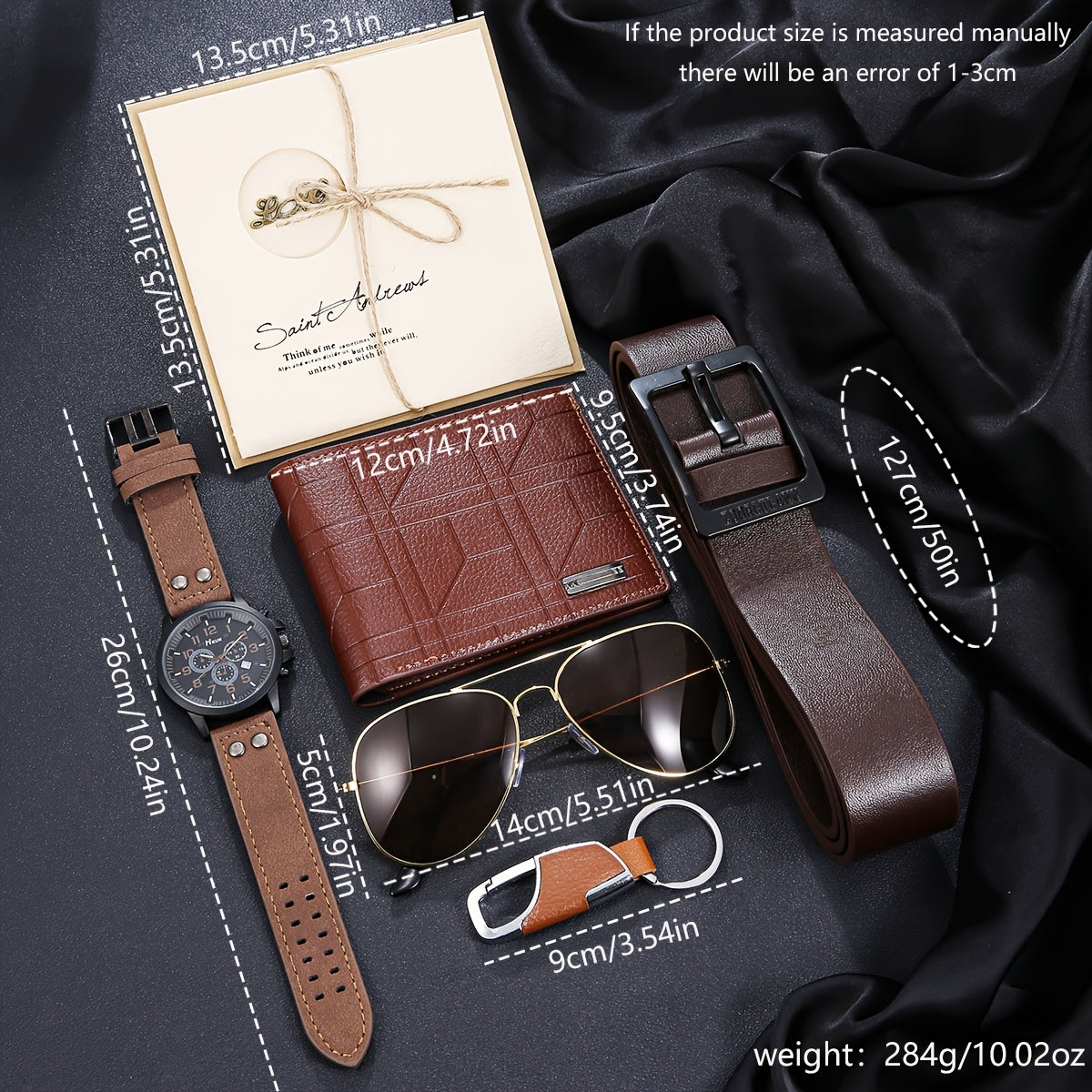 6-in-1 Men’s Dark Brown Christmas Gift Set – Quartz Watch, Wallet, Glasses, Belt, Keychain & Greeting Card – Business & Casual Luxury Accessories for Fathers, Leaders & Him