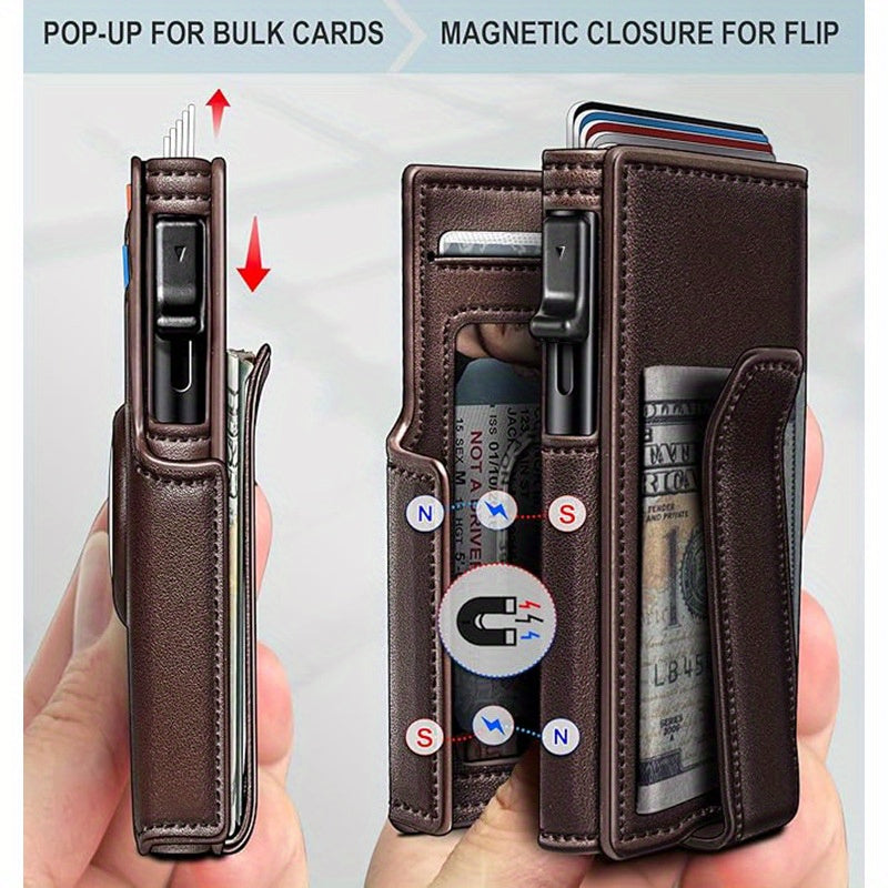 Retro Men’s RFID Blocking Card Case – Black Vintage Microfiber Leather Wallet with Pop-Up Multi-Slots, Magnetic Flip Cover, Coin Pocket & ID Window
