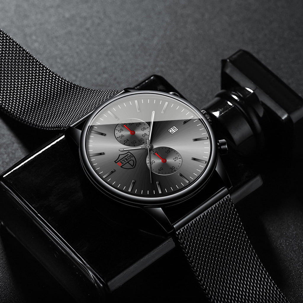 4pcs Men’s Stainless Steel Quartz Watch & Bracelet Gift Set – Analog Date Display Dress & Casual Watch, Matching Bracelets for Business & Everyday Wear, Perfect Gift for Dad, Husband or Boyfriend