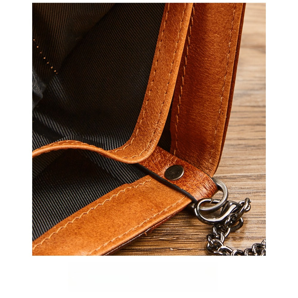 Men’s Brown RFID Blocking Leather Wallet with Chain – Zipper Coin Purse, Card Holder & ID Window, Top-Grain Business Wallet