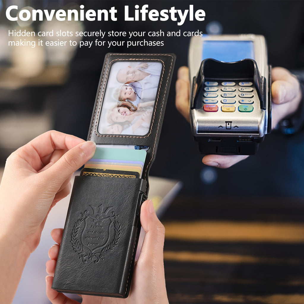 SUTENI Men’s Automatic Card Ejector Wallet – Light Brown Oil-Wax Faux Leather Business Wallet with Flip Cover, Photo Slot & Multiple Card Slots