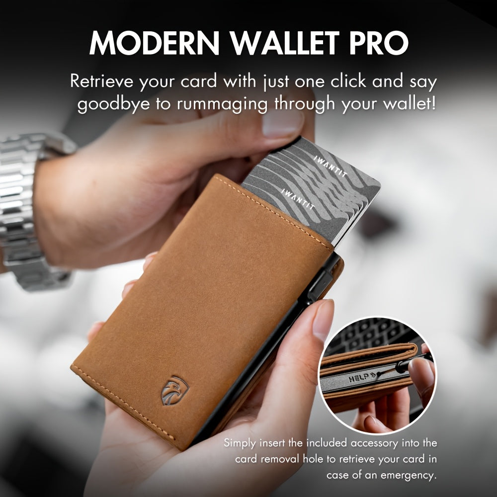 Men's Minimalist Wallet with Credit Card Holder, Premium Full Grain Leather, Smart Pop-up Design, Slim Trifold Wallet, RFID Protection, Front Pocket, ID Window, Father's Day wallet (No Airtag Included)