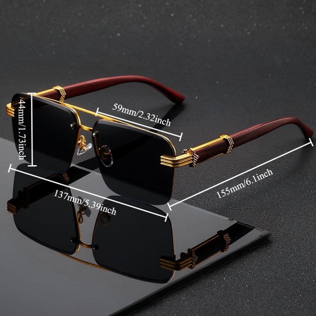 Men's semi-rimless business glasses - wood grain temple and lightweight metal frame Fashion Glasses, suitable for driving, travel self-driving, festivals and daily wear, fashion gift recommendation