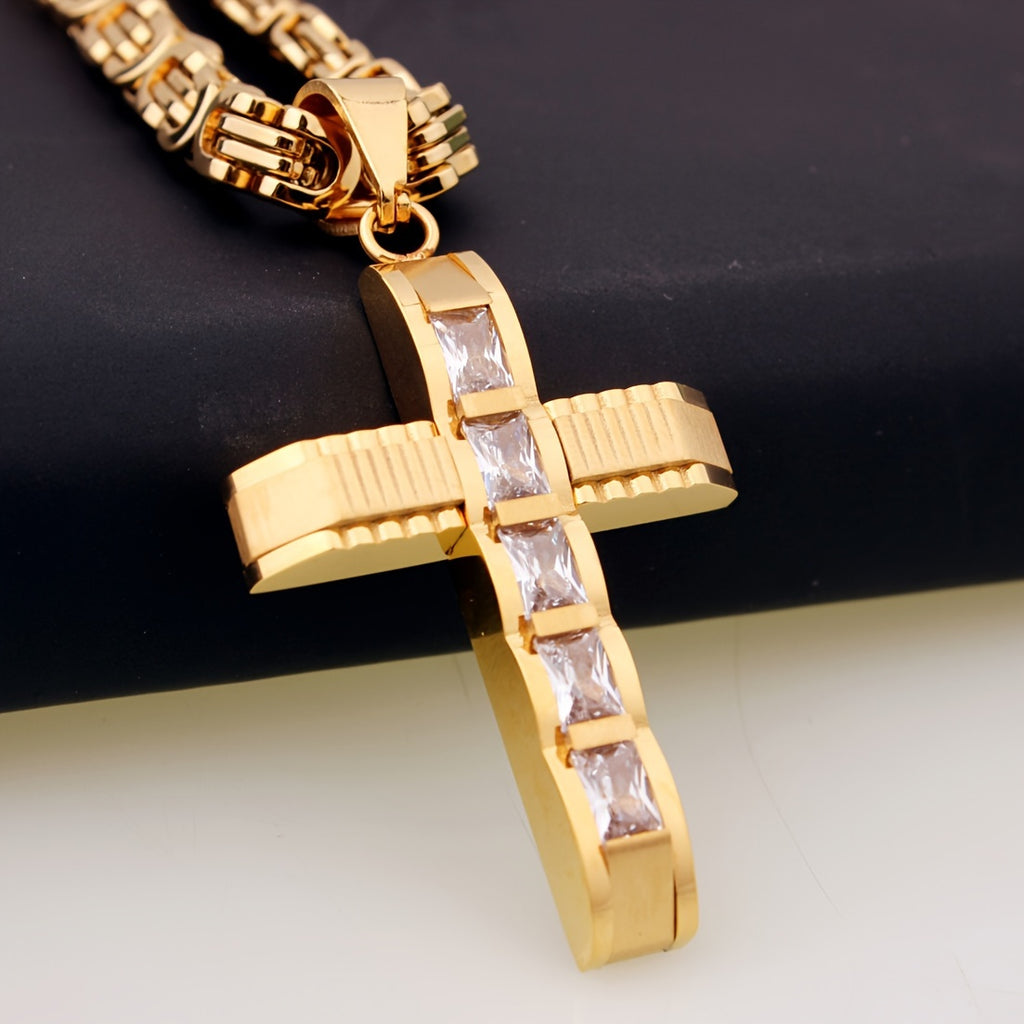 Men’s 14K Gold Plated Stainless Steel Cross Necklace with Rhinestones – Fashion Pendant Chain, Christian Jewelry Gift for Friends & Partners