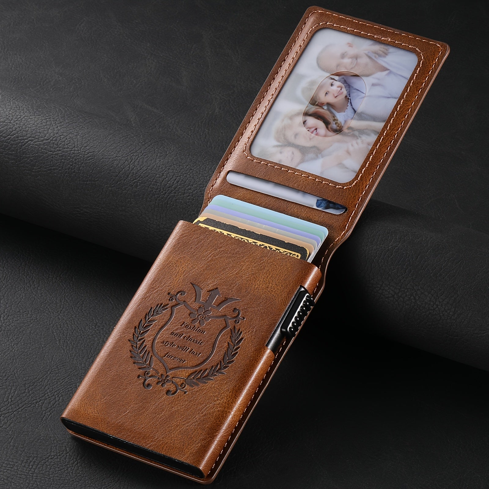 SUTENI Men’s Automatic Card Ejector Wallet – Light Brown Oil-Wax Faux Leather Business Wallet with Flip Cover, Photo Slot & Multiple Card Slots