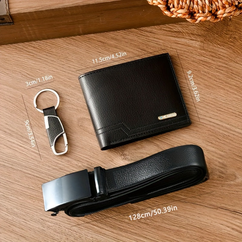 3pcs Men’s Casual Wallet, Belt & Keychain Gift Set – Versatile Faux Leather Accessories for Dad & Boyfriend – Back-to-School, Birthday, Halloween & Christmas Present