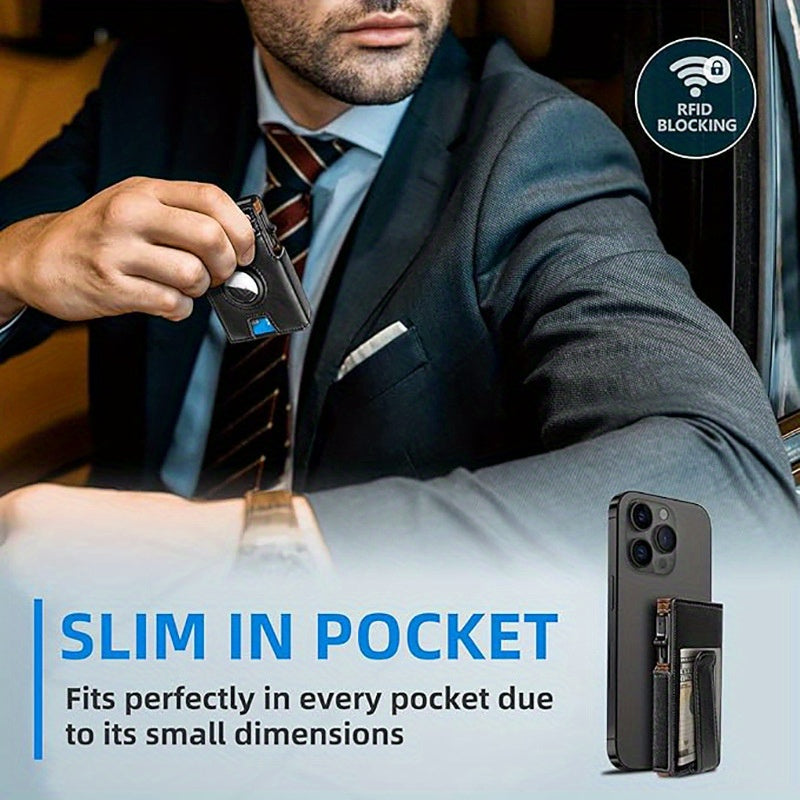 Retro Men’s RFID Blocking Card Case – Black Vintage Microfiber Leather Wallet with Pop-Up Multi-Slots, Magnetic Flip Cover, Coin Pocket & ID Window