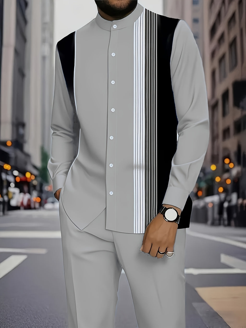 Men’s Light Gray Striped Casual Suit Set – Stand Collar Long-Sleeve Shirt & Trousers, Ethnic Style Spring/Autumn Outfit for Daily Wear & Commuting