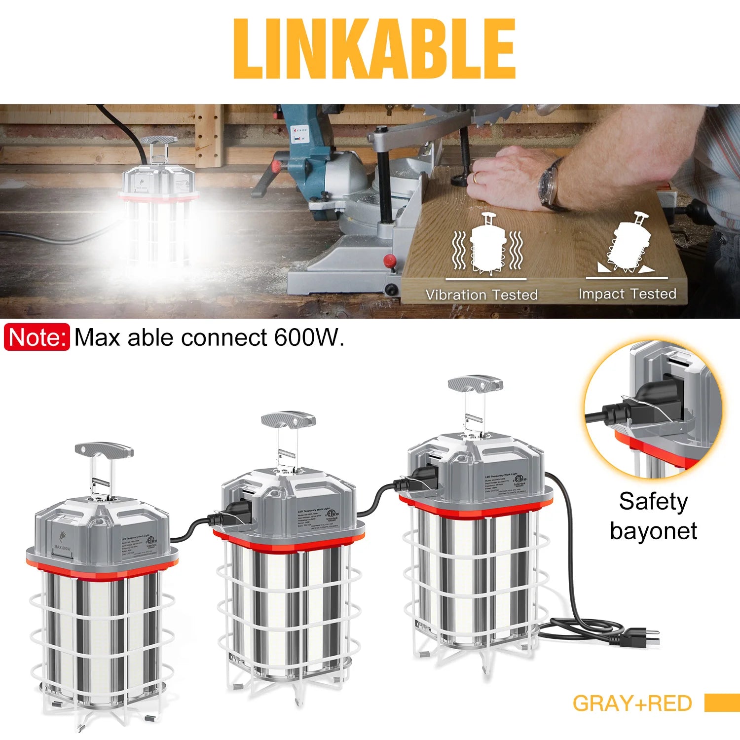 LED Temporary Work Lighting ETL Listed LED Construction Light IP65 100W 150W Work Light with Linkable Connection Design