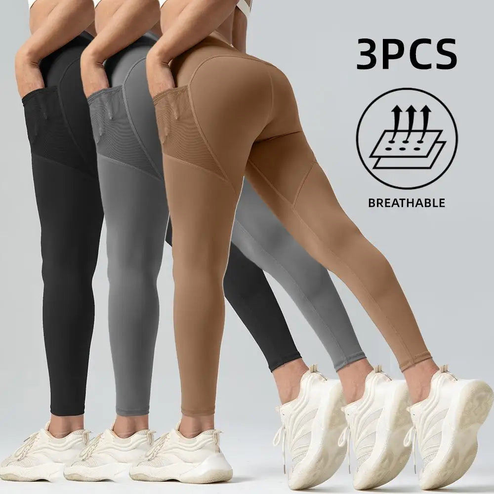 3Pcs women's Plain High Waist Pocket Sports Tummy Control yoga Leggings