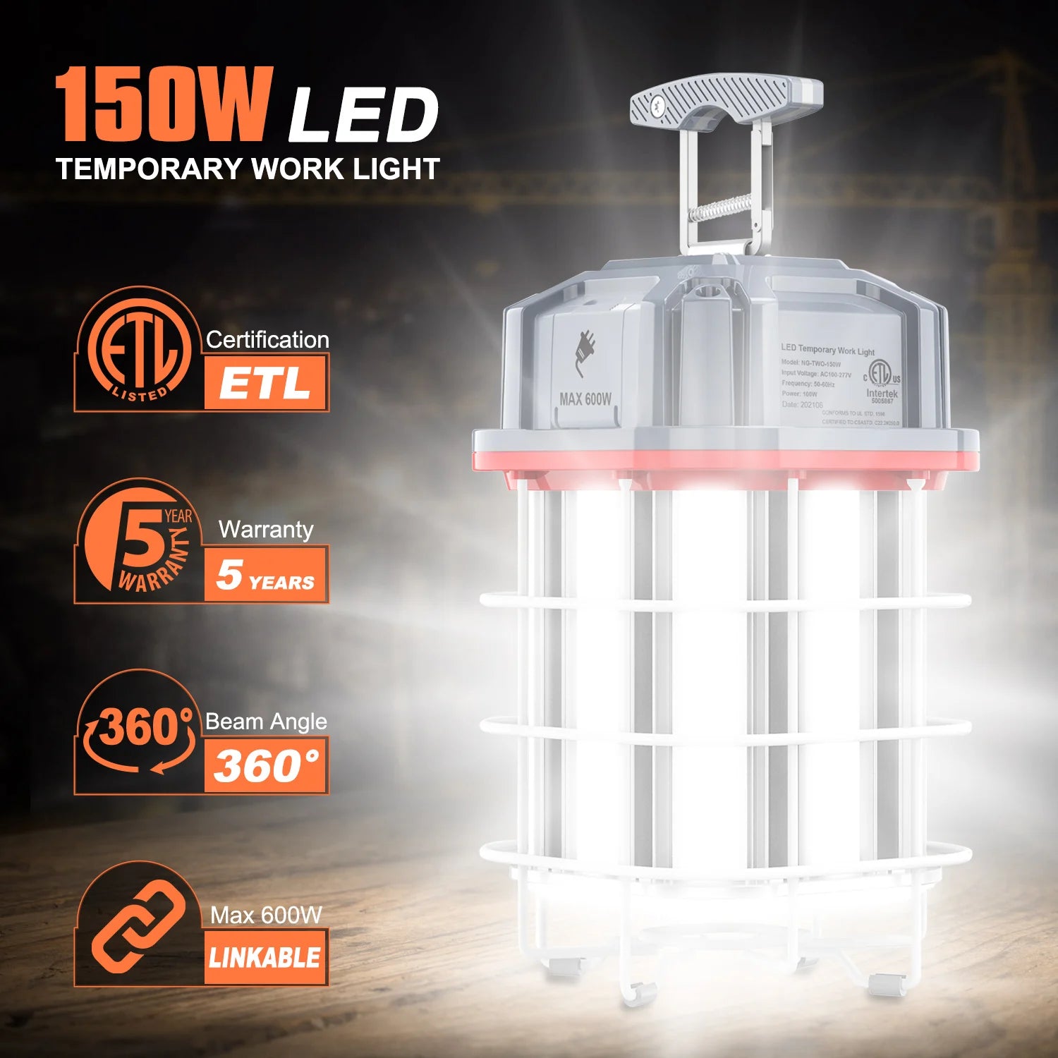 LED Temporary Work Lighting ETL Listed LED Construction Light IP65 100W 150W Work Light with Linkable Connection Design