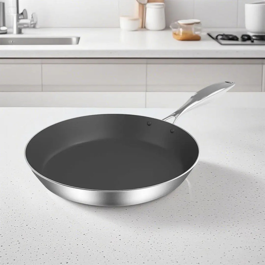 DB   24cm Stainless Steel Fry Pan for Home Cooking Non-Stick Metal Induction Wok with Metal Interior