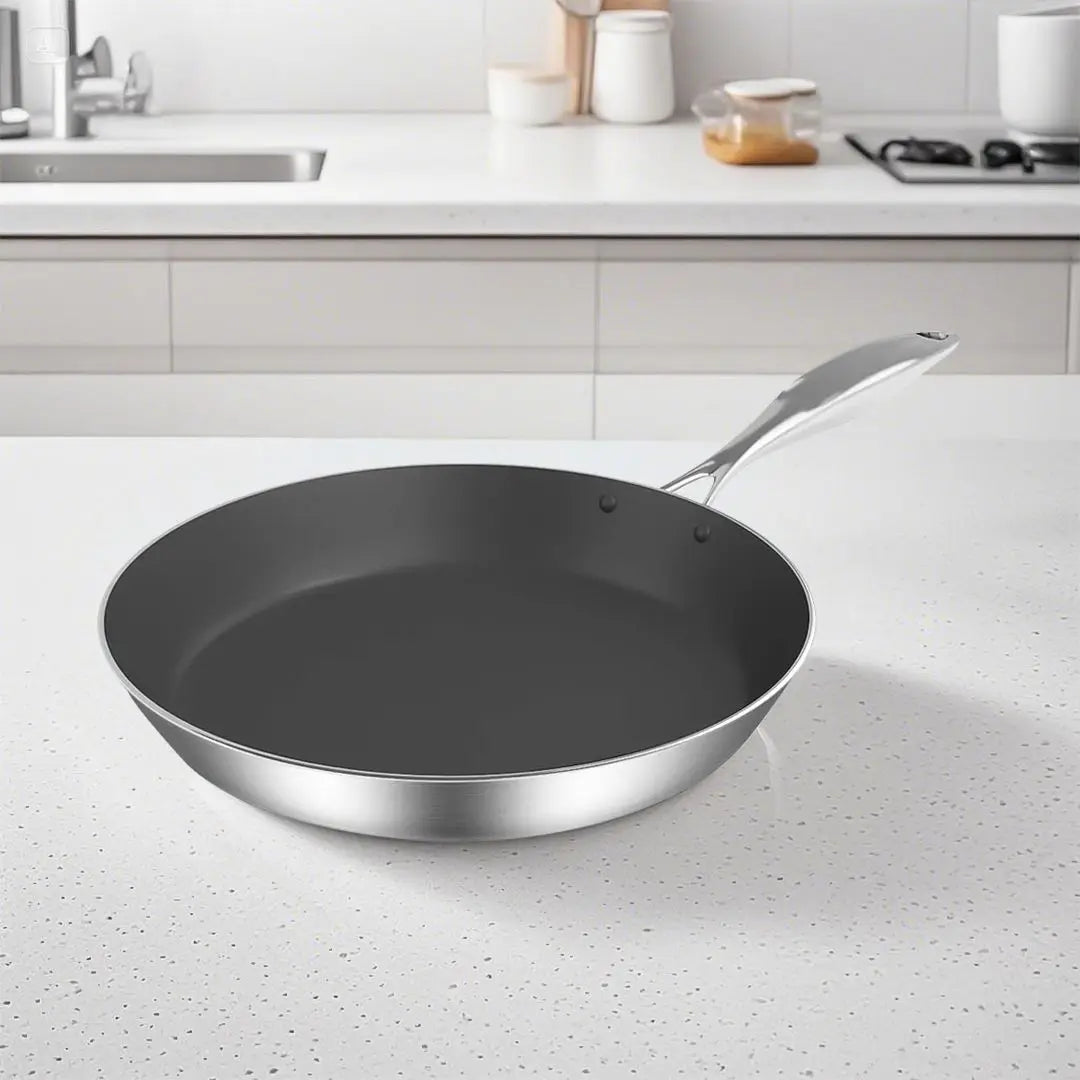 DB   24cm Stainless Steel Fry Pan for Home Cooking Non-Stick Metal Induction Wok with Metal Interior