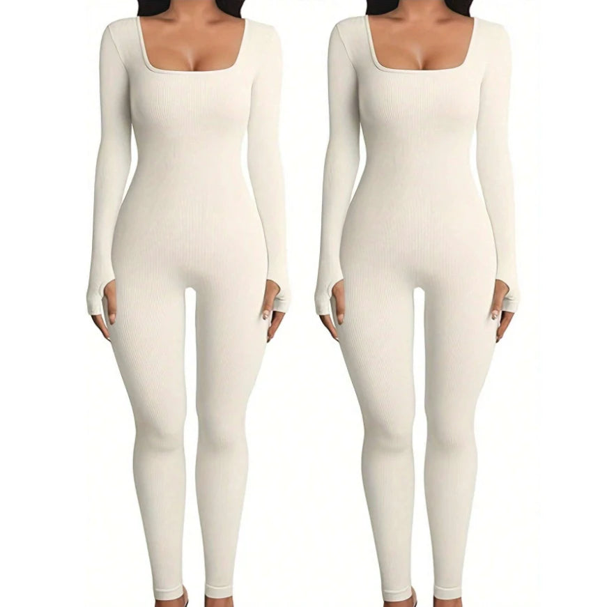 FCJ Women's Sports Bodysuit & Jumpsuit Long Sleeve Yoga Workout Clothing with Square Collar Fitness & Sports Fitness Jumpsuit