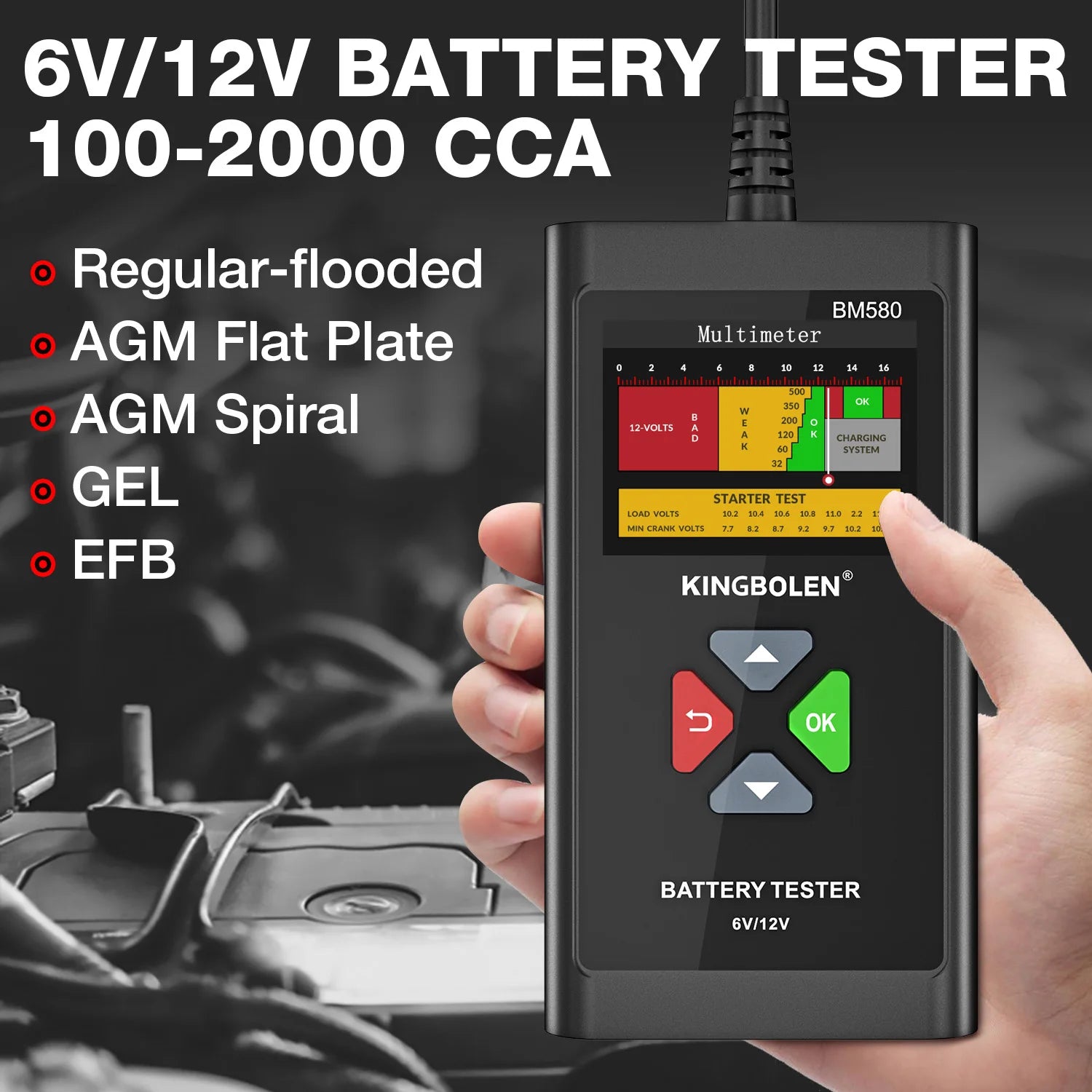 USA EU Warehouse KINGBOLEN BM580 6V 12V Car Battery Tester 100-2000CCA Voltage Tester