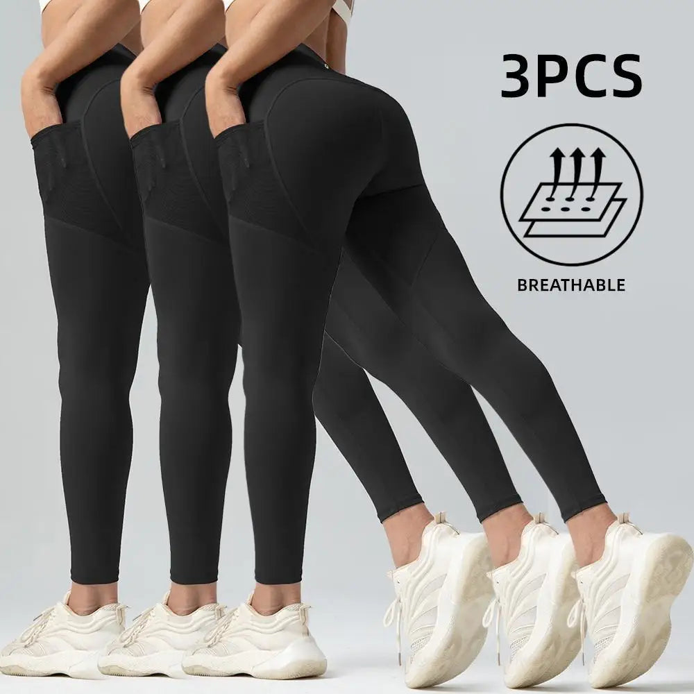 3Pcs women's Plain High Waist Pocket Sports Tummy Control yoga Leggings