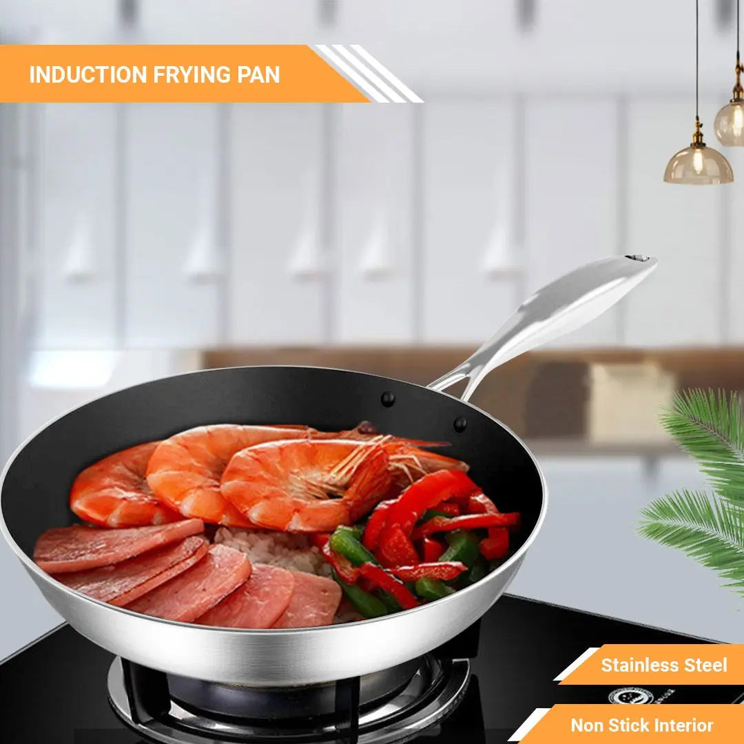 DB   24cm Stainless Steel Fry Pan for Home Cooking Non-Stick Metal Induction Wok with Metal Interior