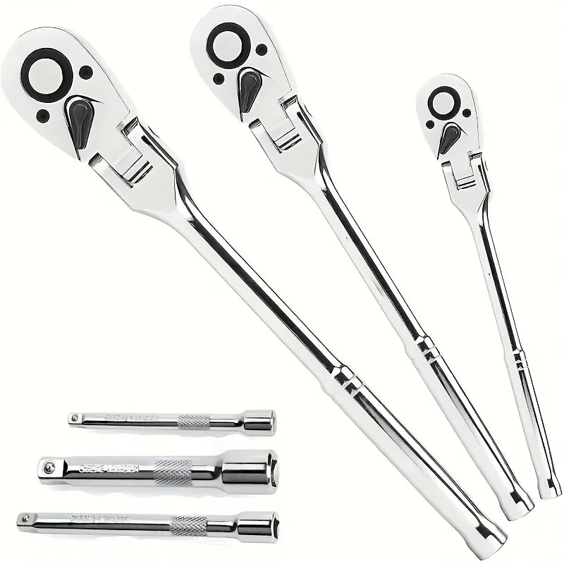 6pcs Flex Head Ratchet Wrench Set 72 Tooth Swivel 1/4 3/8 1/2 Drive Chrome Vanadium Steel with Extension Bars EVA Foam