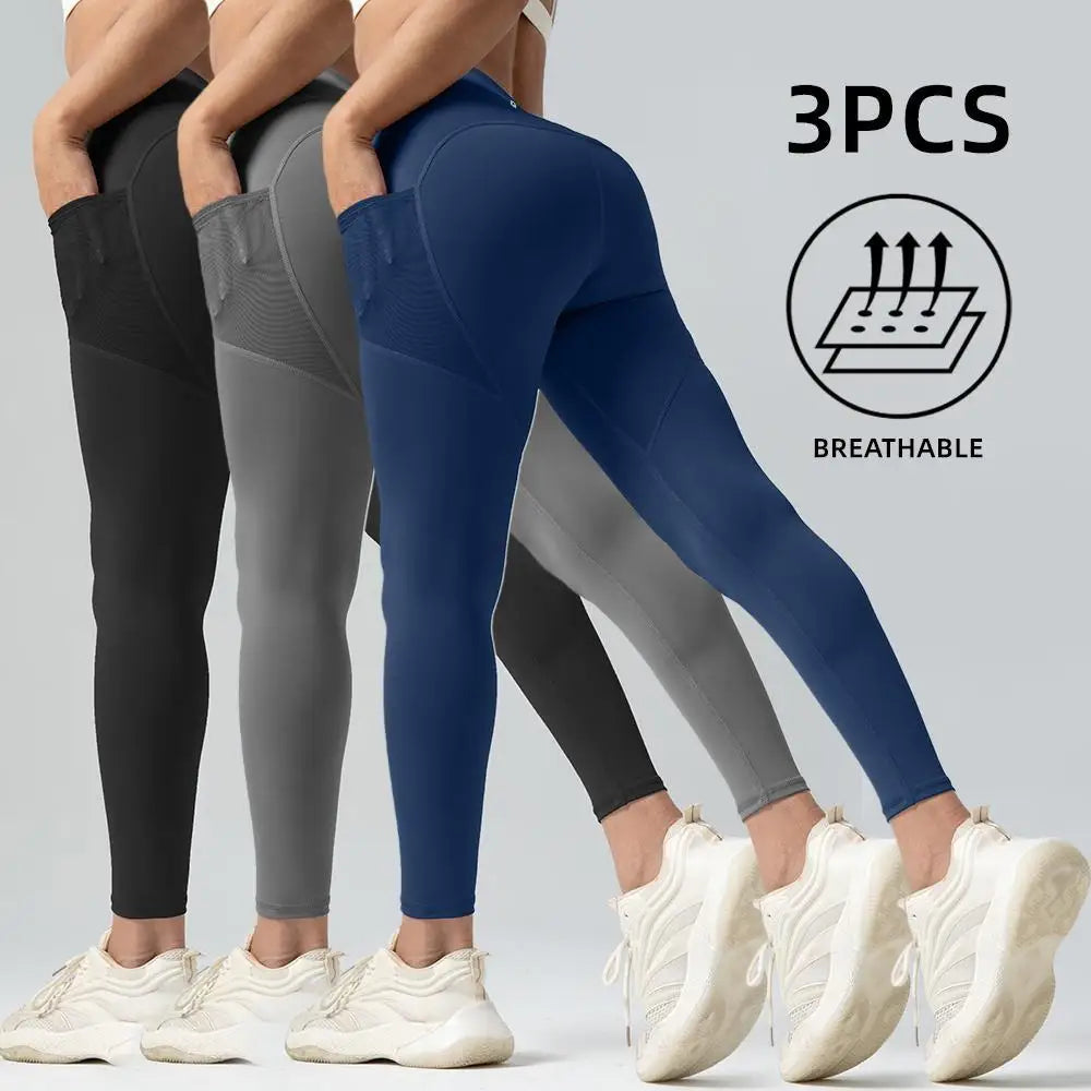 3Pcs women's Plain High Waist Pocket Sports Tummy Control yoga Leggings
