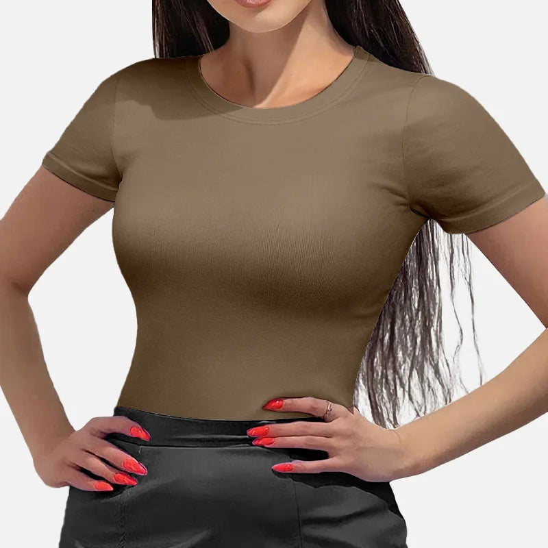 Custom Round Neck T Shirt Body Suit Top Yoga Slimming Body Shaper Womens Short Sleeve Bodysuit