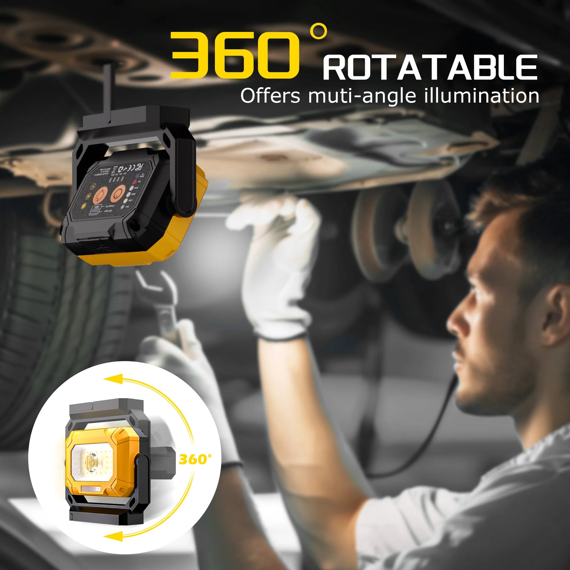 COB LED Magnetic Rechargeable Work Light 15 Lighting Modes 360° Rotatable Flood Lights for Car Repair Emergency Job Lighting