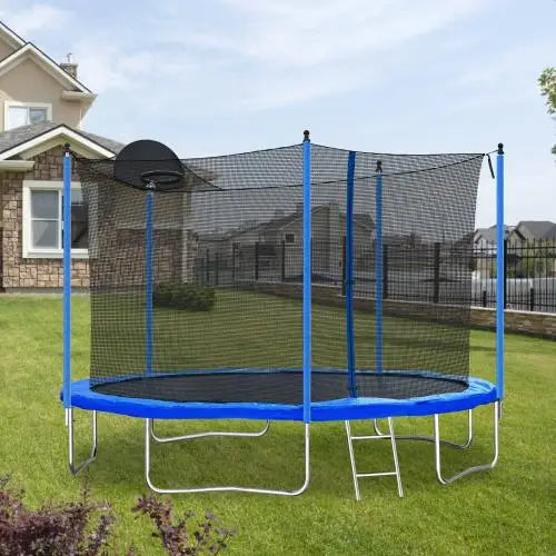 Outdoor Adult & Kids Trampoline with Basketball Hoop & Safety Enclosure Net for Exercise and Fun