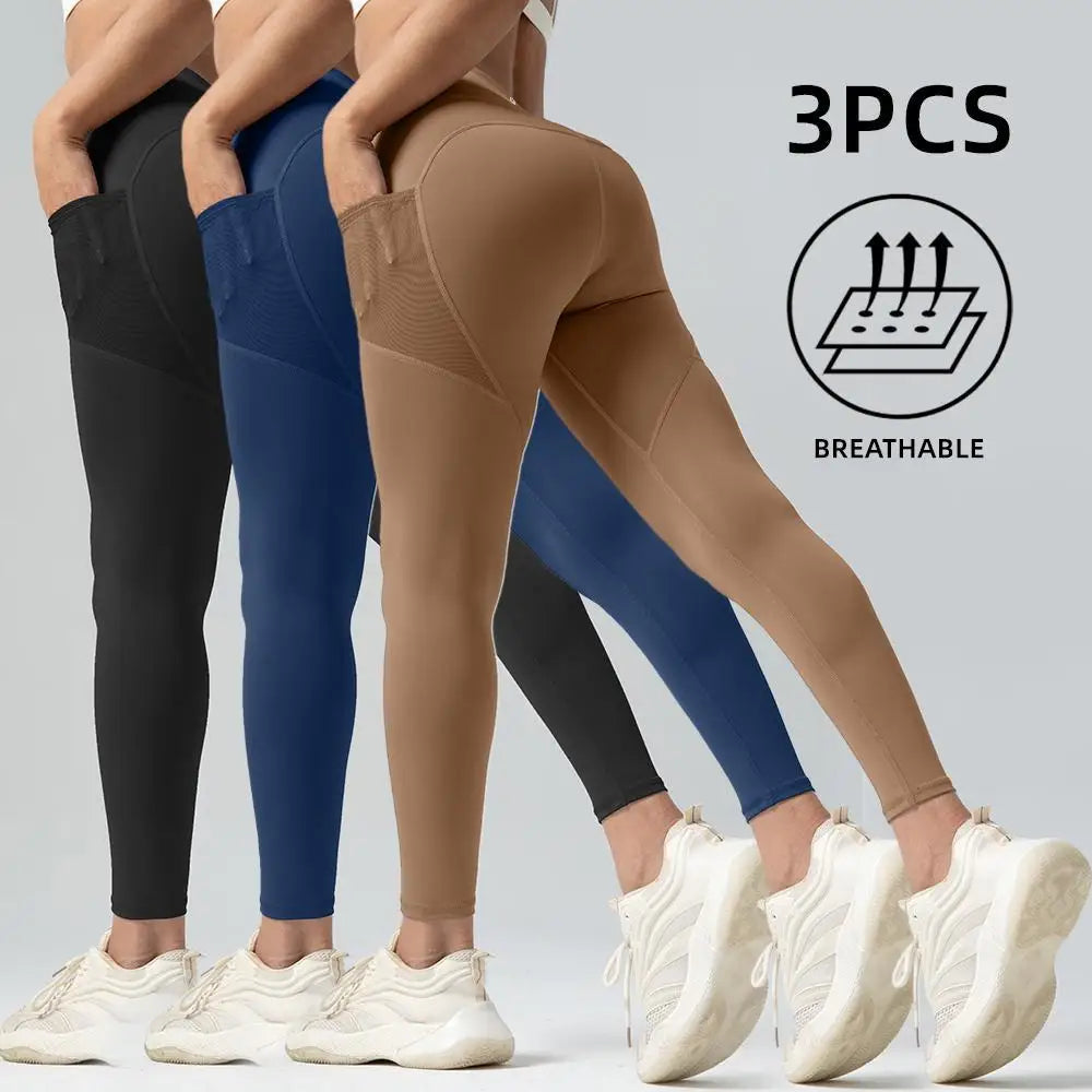 3Pcs women's Plain High Waist Pocket Sports Tummy Control yoga Leggings